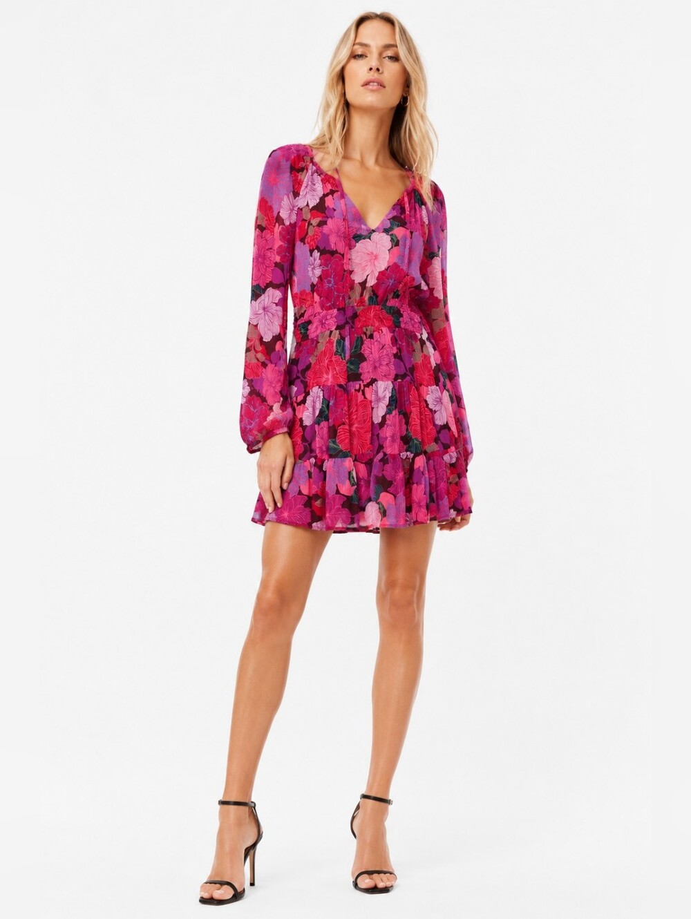 MINKPINK Size S Fuchsia & Magenta Floral V-Neck Tiered Mini Cocktail Dress